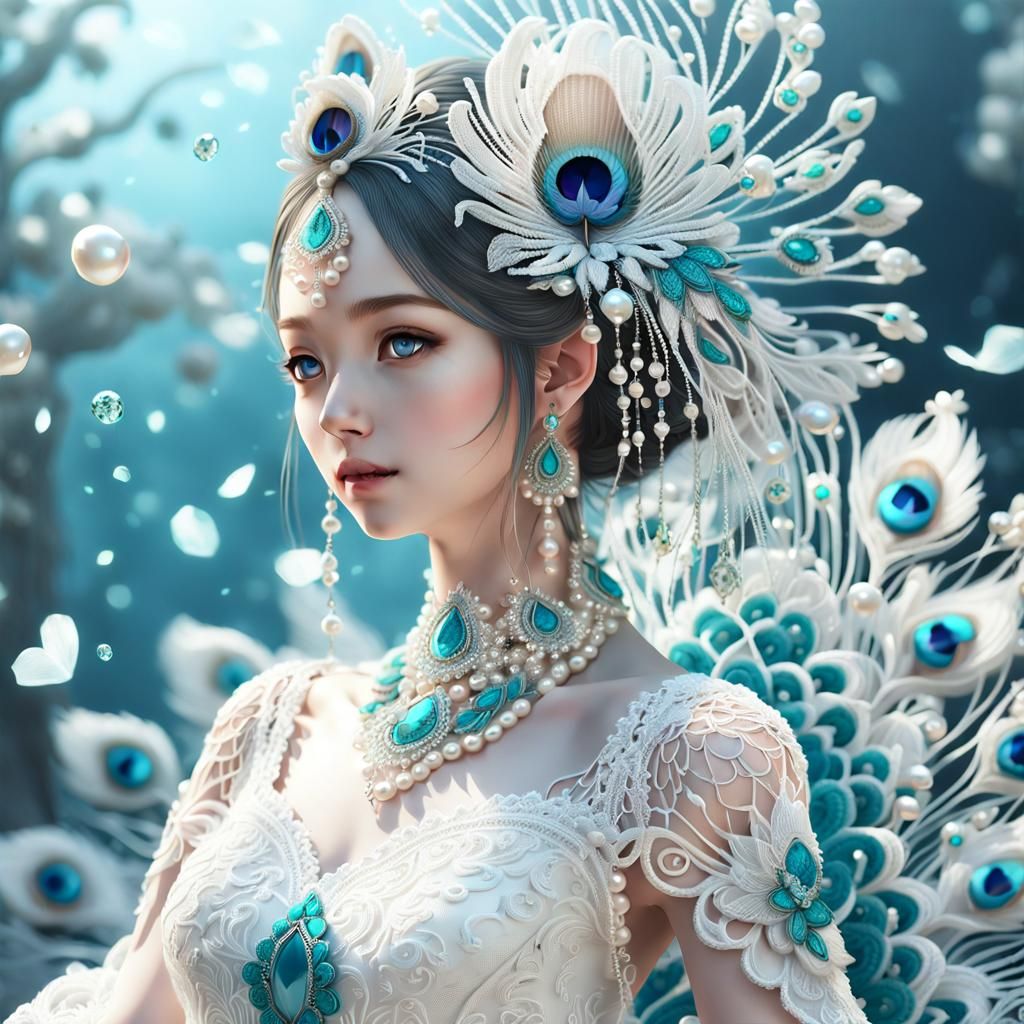 Luxurious White Peacock in Crochet Wedding Dress