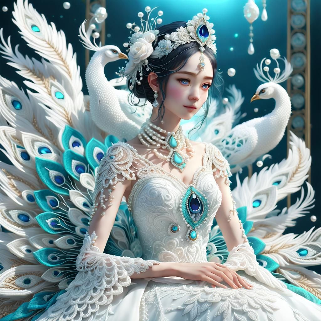 Luxurious White Peacock in Crochet Wedding Dress