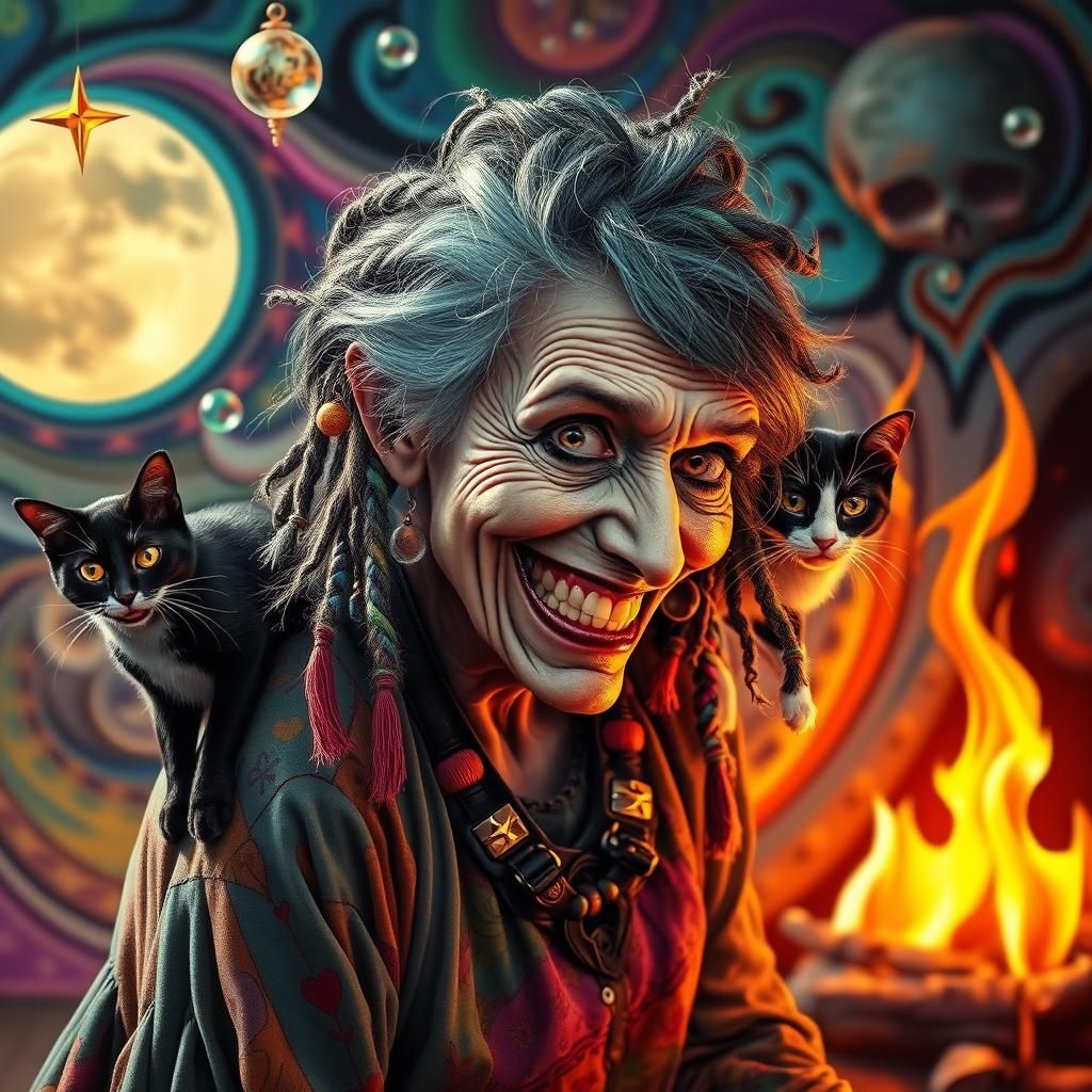Psychedelic Gypsy Witch with Cats and Rainbow Hair