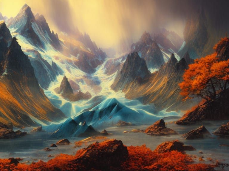 Fractal Autumn Storm over Mountain Glacier Lake