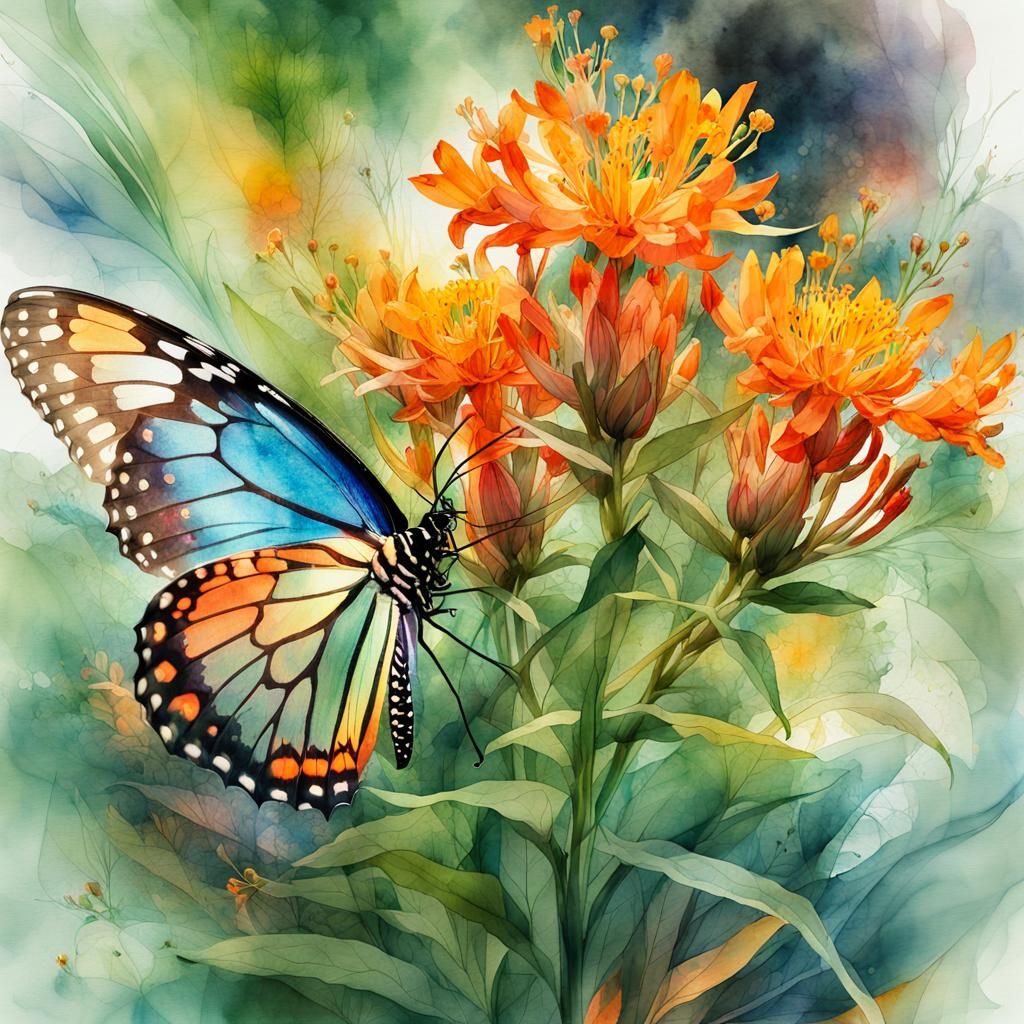 Fantasy Double Exposure Watercolor of Butterfly Weed