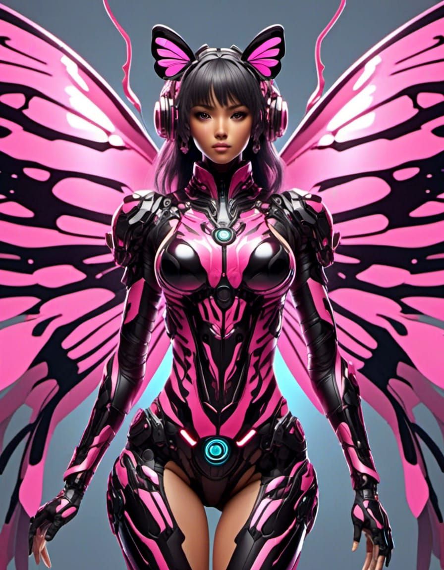 Female humanoid Tiger with butterfly wings wearing a pink and black camouflage bodysuit 8K resolution <lora:Gridimation:...