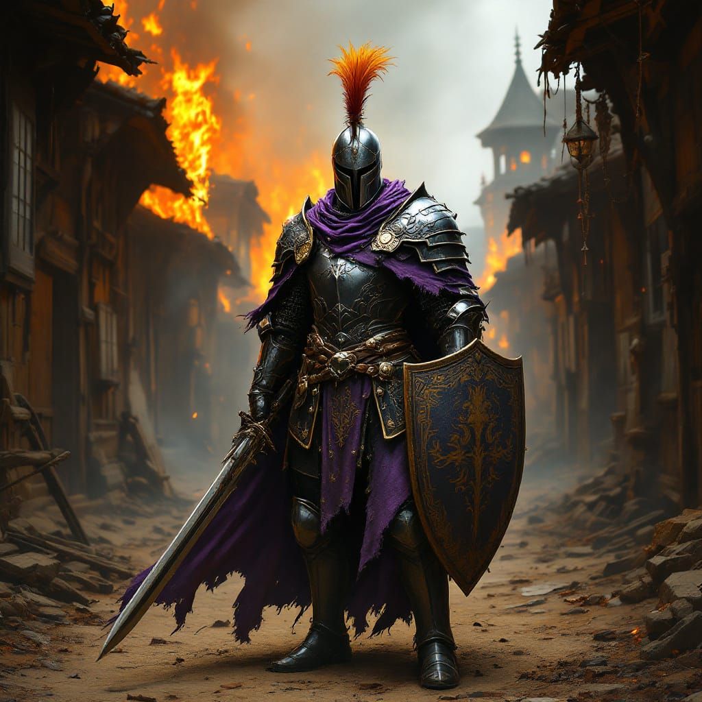 Knight in Burning City: Hyper-Realistic Digital Art