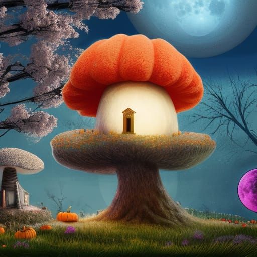 Cotton Candy Mushroom House with Sleeping Bear