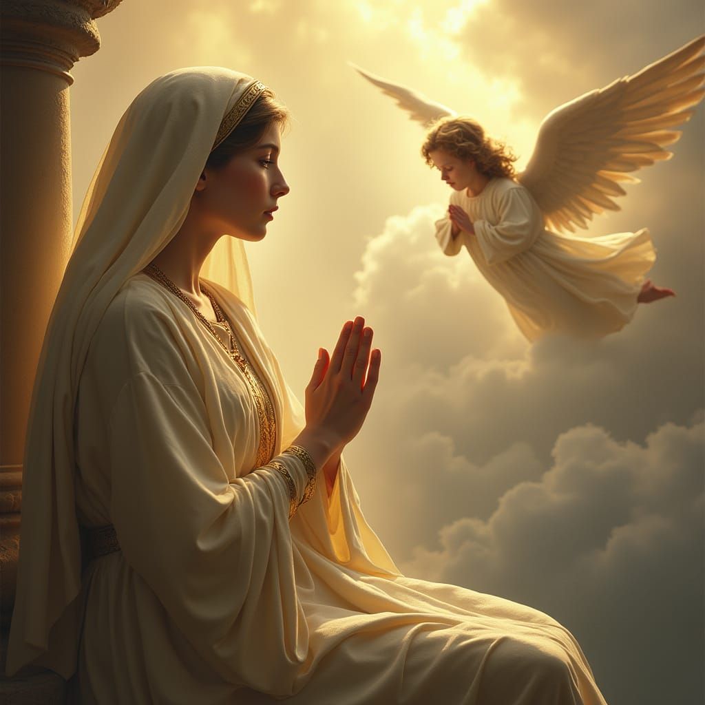 Serene Mary Receives Divine Revelation in Heavenly Glow