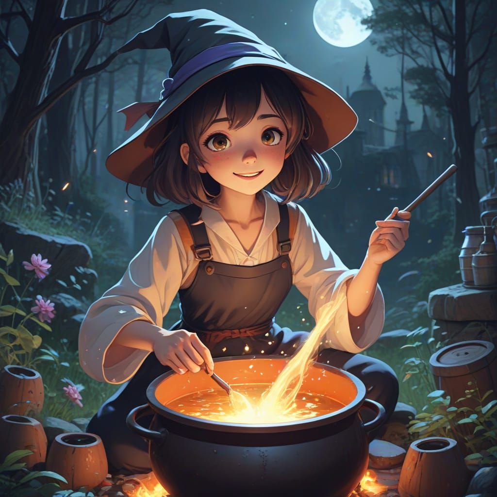 Whimsical Anime Witch Stirring Magical Cauldron