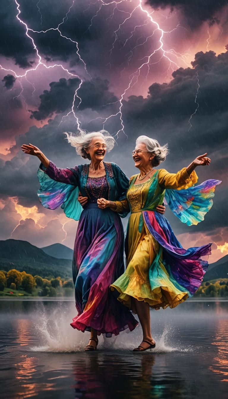 Psychedelic Waltz: Joyful Couple Dancing in Storm