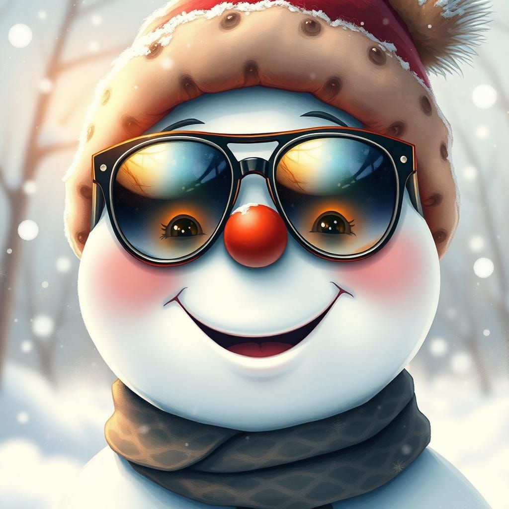 A Snowman in Vintage Sunglasses, Winter Wonderland Scene
