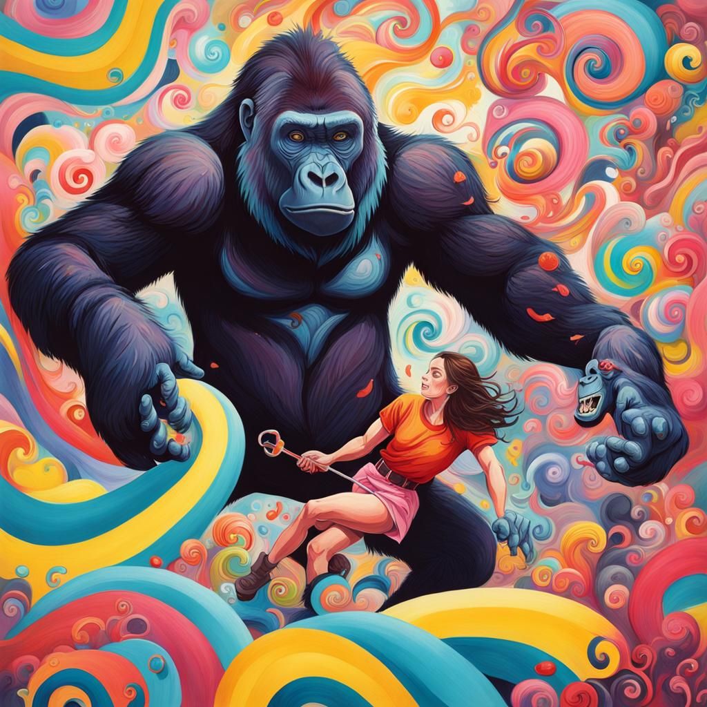 Gorilla vs. Woman in Candyland Gouache