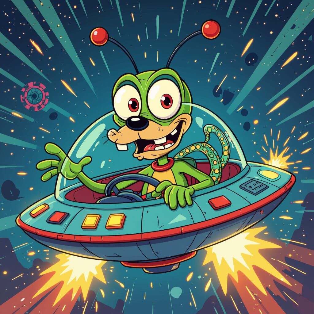 Goofy Alien Piloting Flying Saucer, Cartoon Style