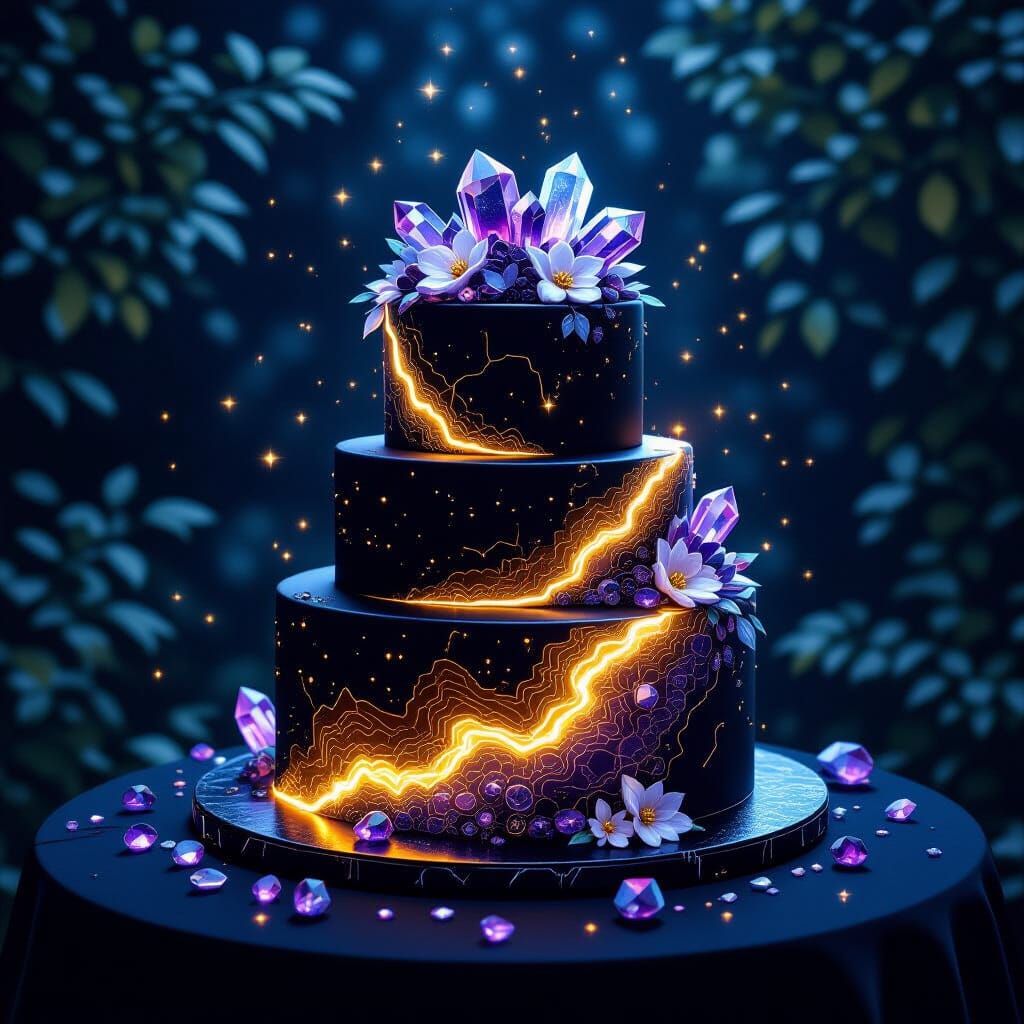 Bioluminescent Wedding Cake with Gemstone Veins, Digital Art