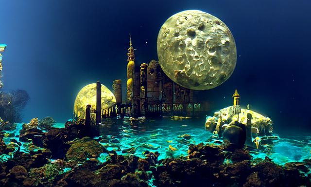 Atlantis Moonrise Underwater Hyperrealistic Digital Painting