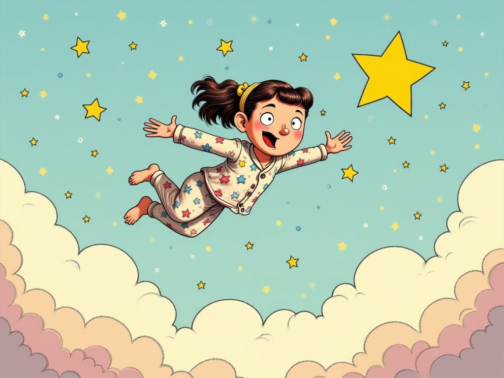 Girl Flies Through Dreamy Sky in Cartoon Style