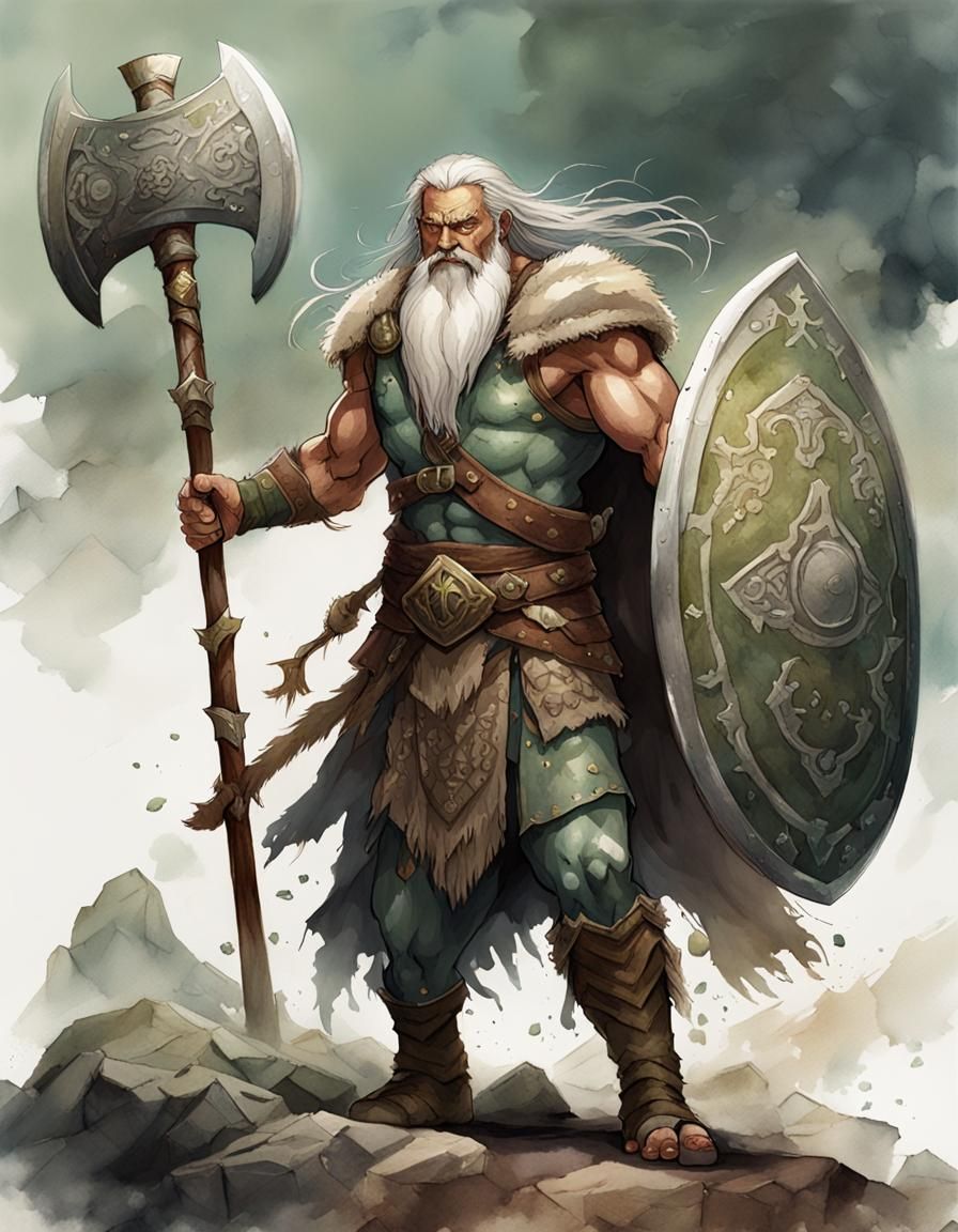 Ancient Druid Barbarian with Axe, Watercolor Illustration