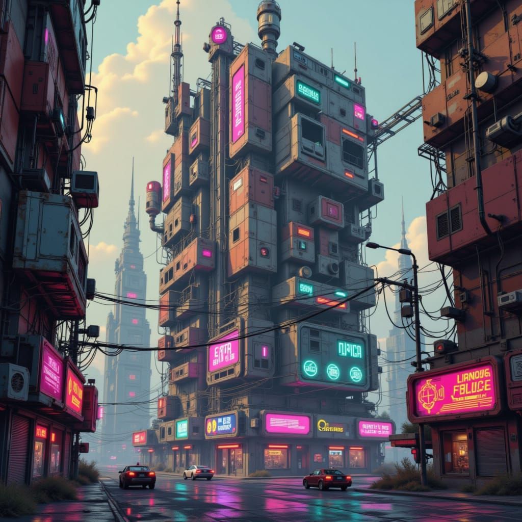 Decaying Future Megacity In Neon Ruins