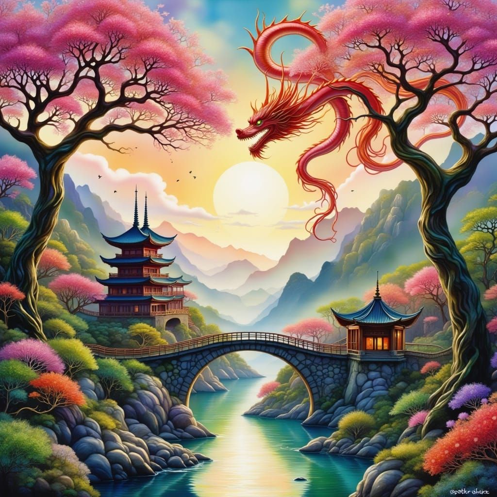 A Pink Chinese Dragon Soars Over a Serene Fantasy Landscape ...