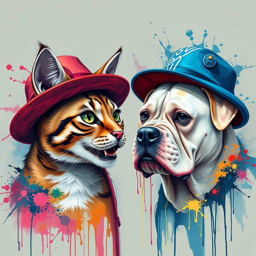 Graffiti Art Battle: Cat Hats vs Dog Hats in Splash Style