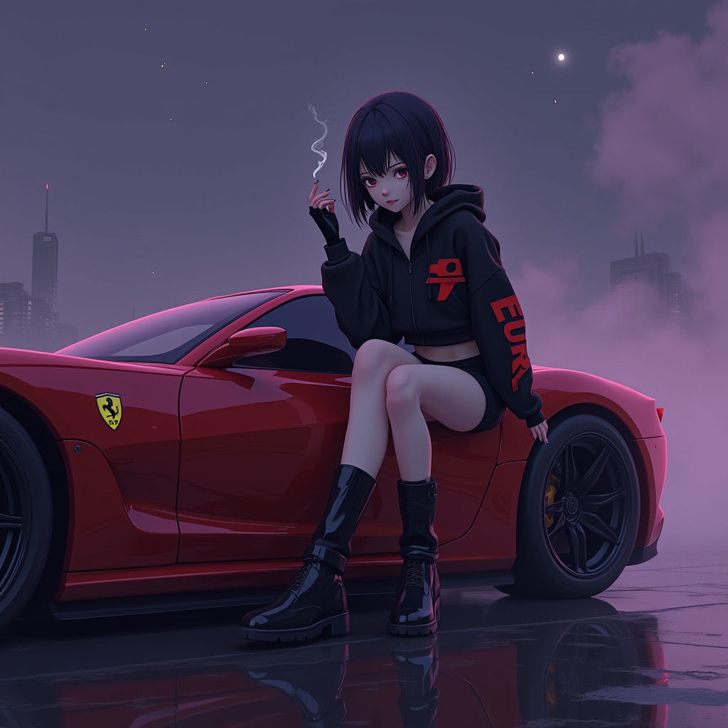 Anime Girl on Ferrari in 90s Style