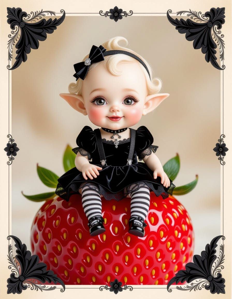 Adorable Gothling on Giant Strawberry in Hyperrealistic Phot...