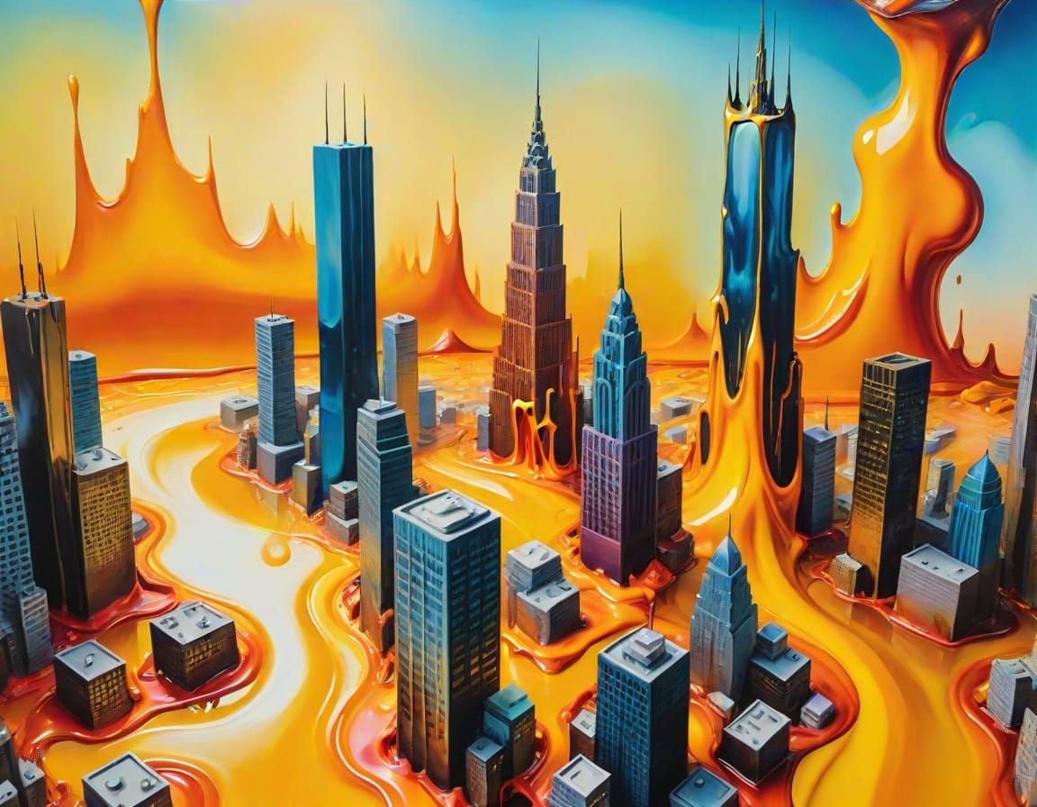 Melting Wax Cityscape in Surreal Oil Painting Style