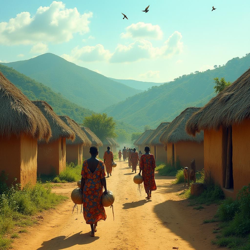 Serene African Village Scene in Cinematic Style