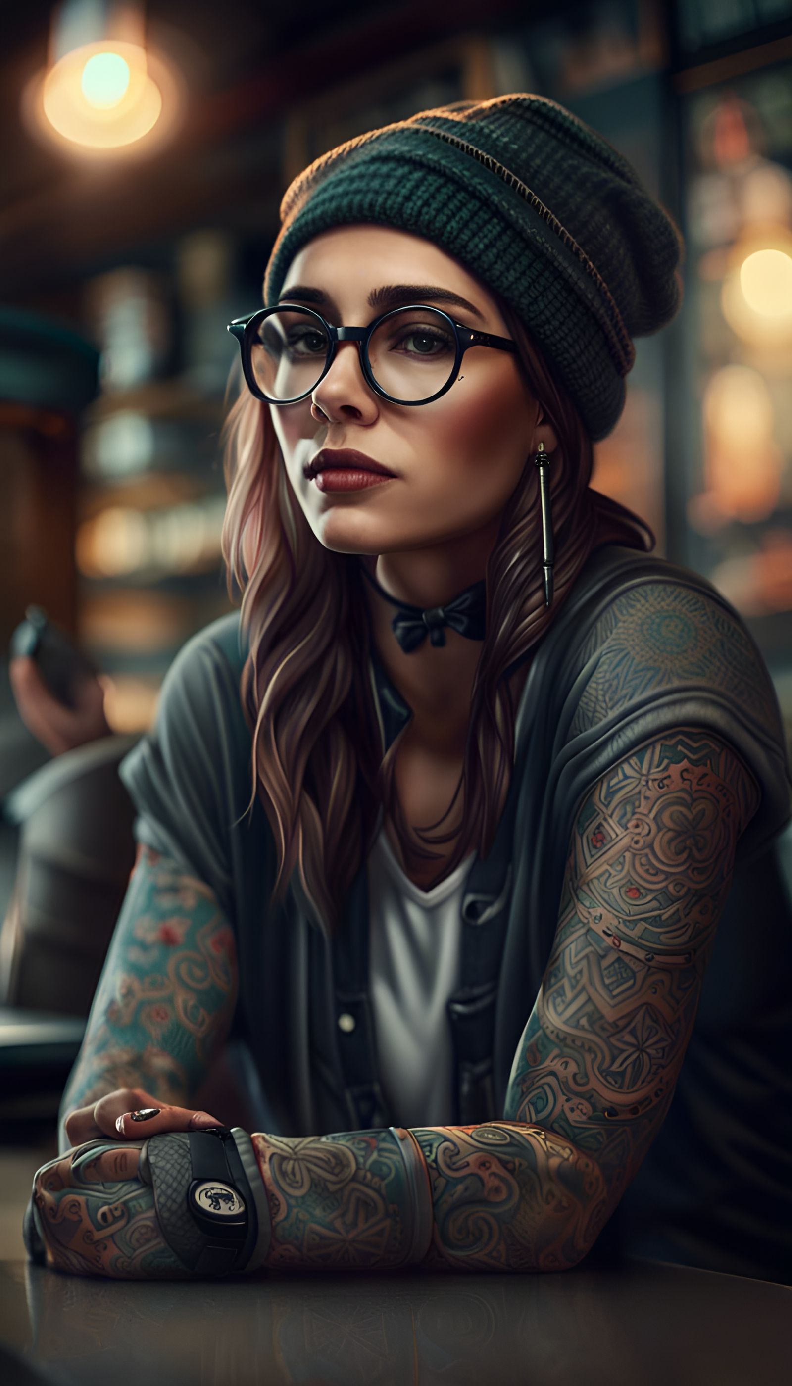 Hipster Woman at Cafe in Detailed Digital Art