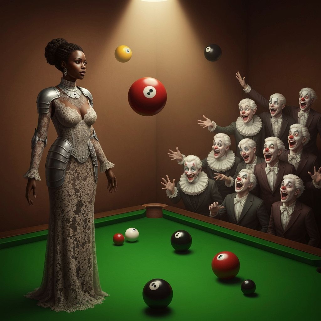 Ornate Armored Warrior in Surreal Billiard Hall
