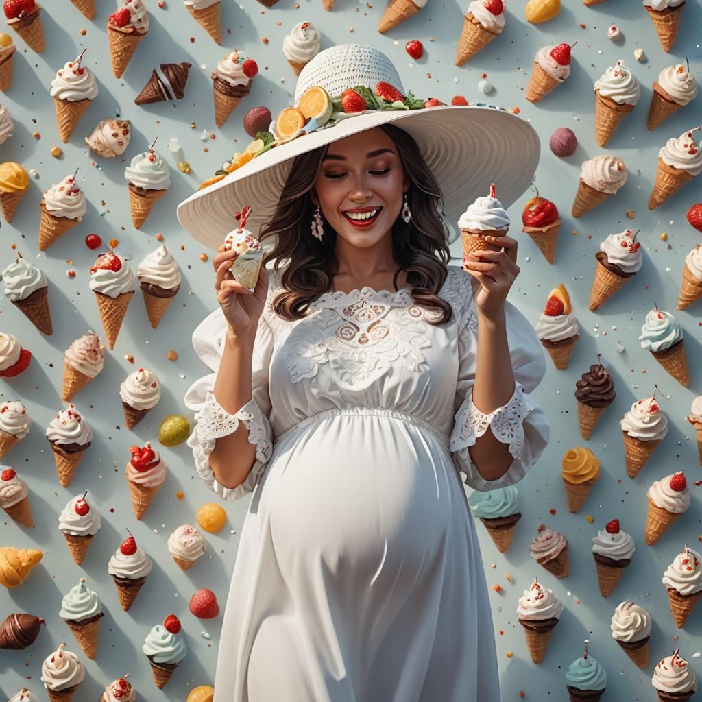 Pregnant Woman in White with Ice Cream, Digital Art