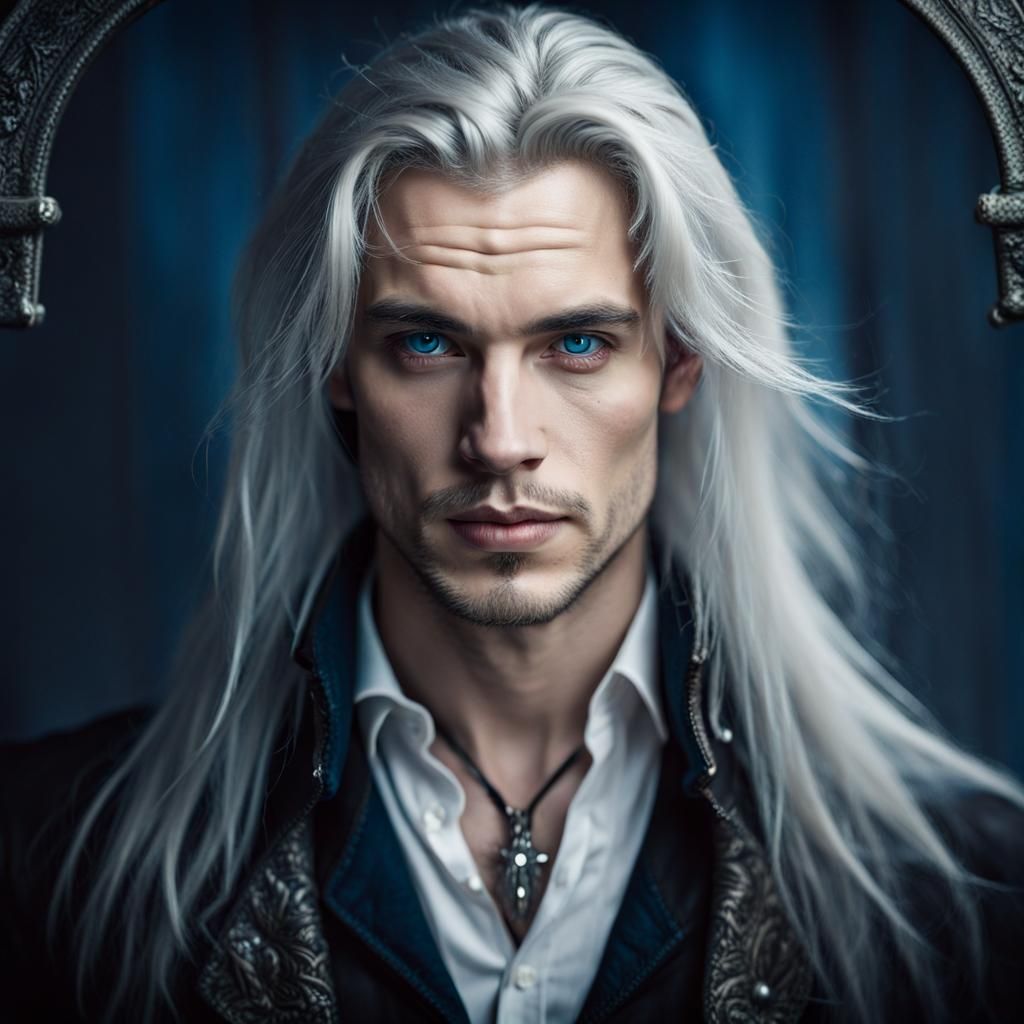 Charismatic Vampire with Silver Hair and Blue Eyes