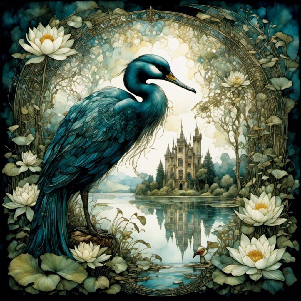 Watercolor Manor House Double Exposure in Art Nouveau Style