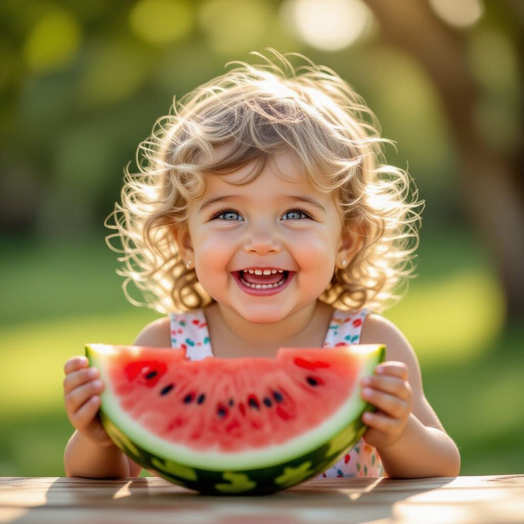 Blonde Toddler Laughs Eating Watermelon in Summer Sun