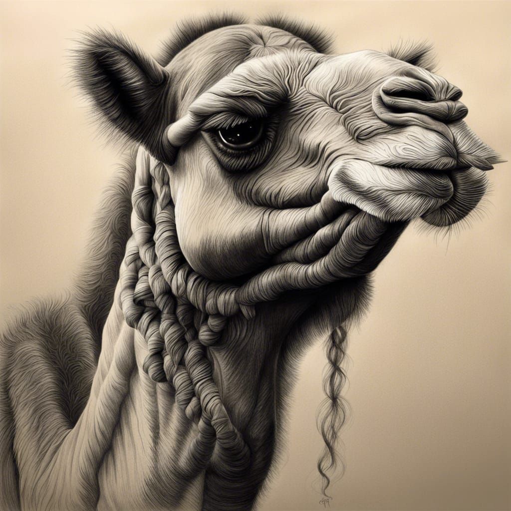 Hyperrealistic Charcoal Drawing of a Camel