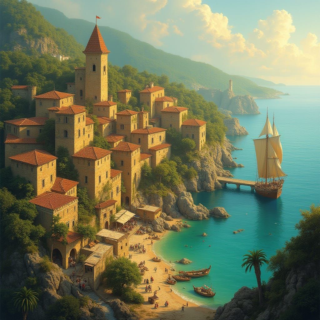 Medieval Sea Port in Vibrant Fantasy Style