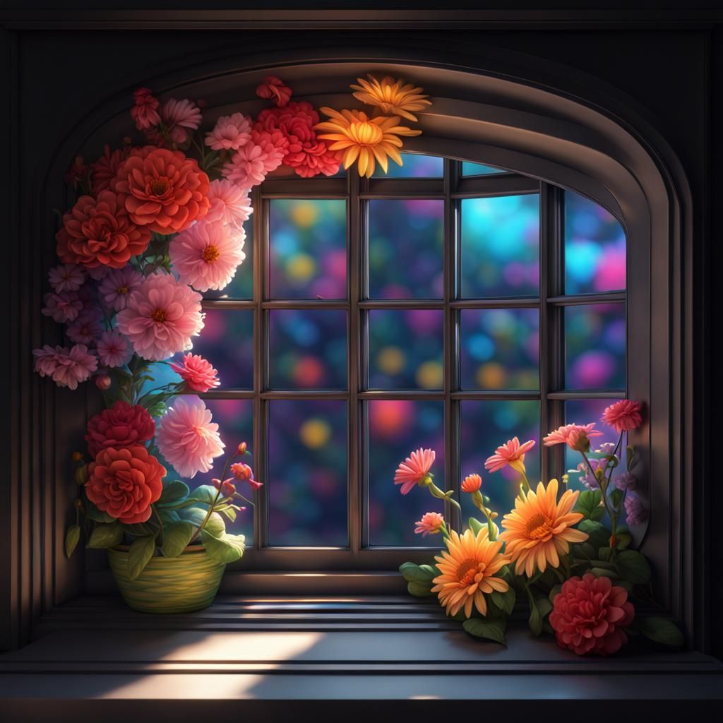 Floral Window on Black: 3D Digital Art