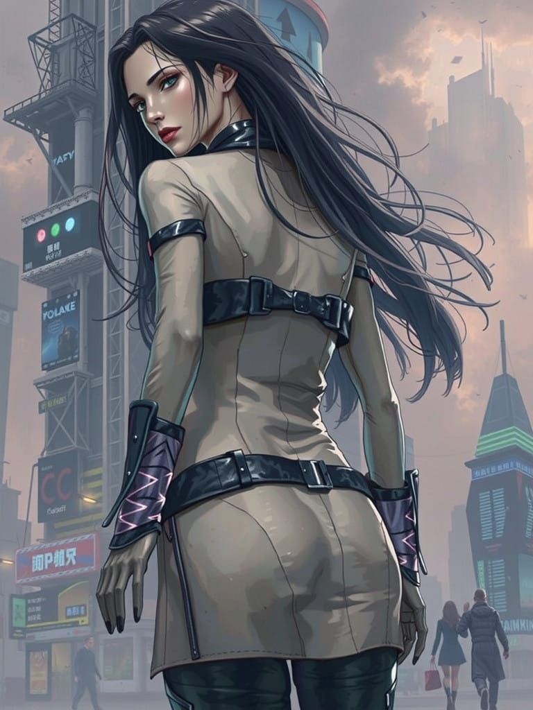 A lone figure stands amidst neon-drenched skyscrapers in a g...