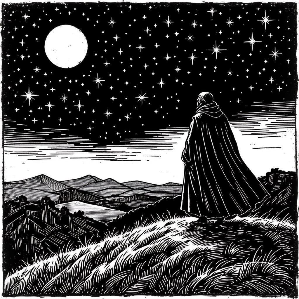 Lone Figure Gazing at Starry Sky: Woodcut Print