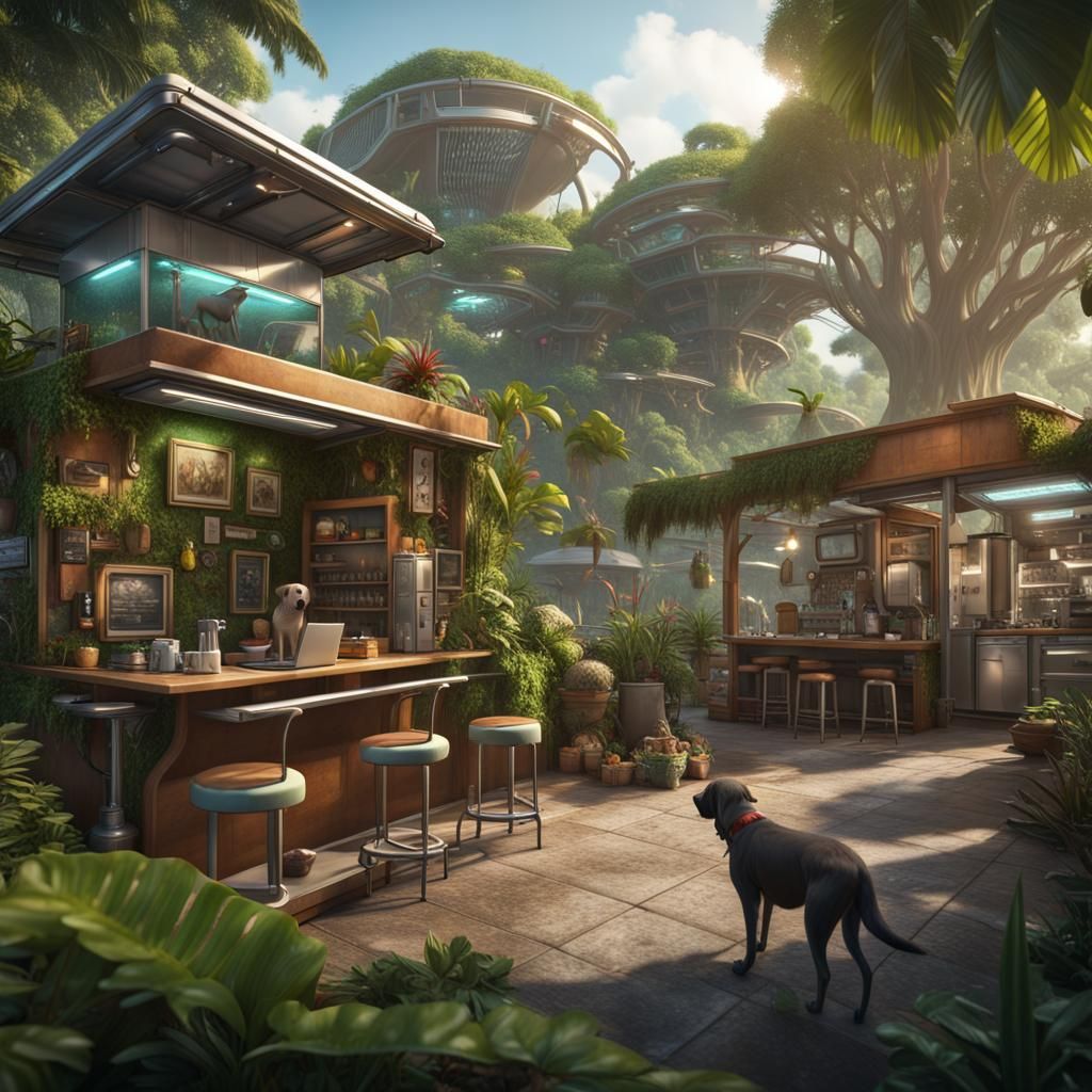 Solarpunk City Scene with Animal Amenities