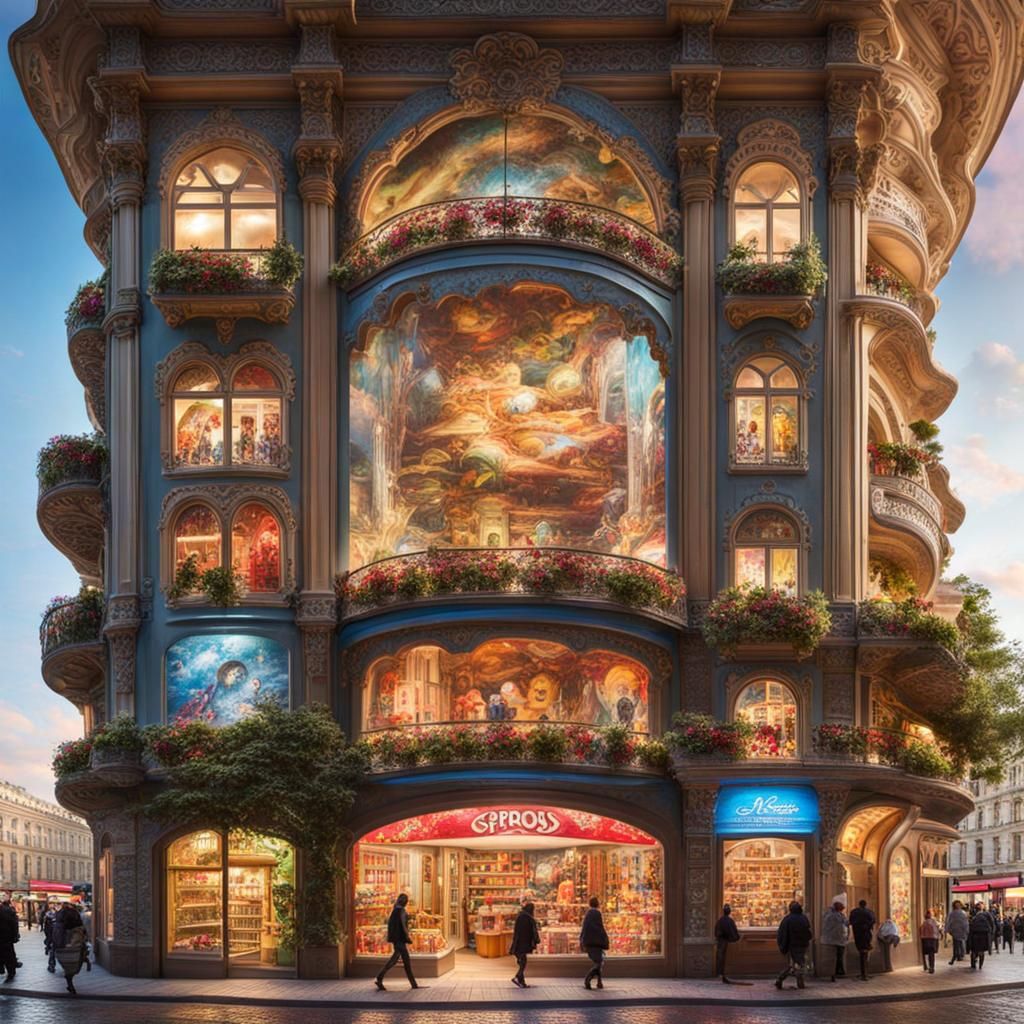 A whimsical gigantic window display of a toy shop a with a space adventure theme_ space port models, hanging gigantic Sa...