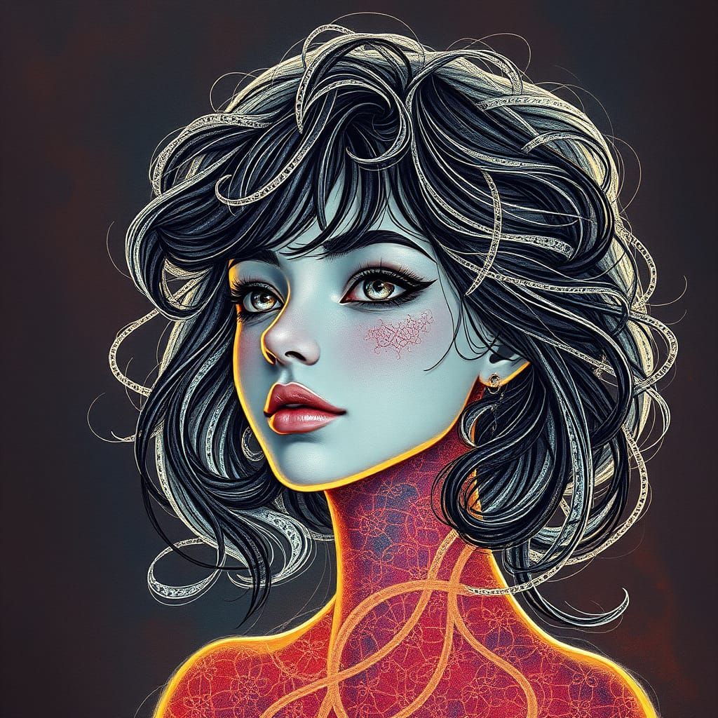 Surreal Portrait with Intricate, Swirling Lines