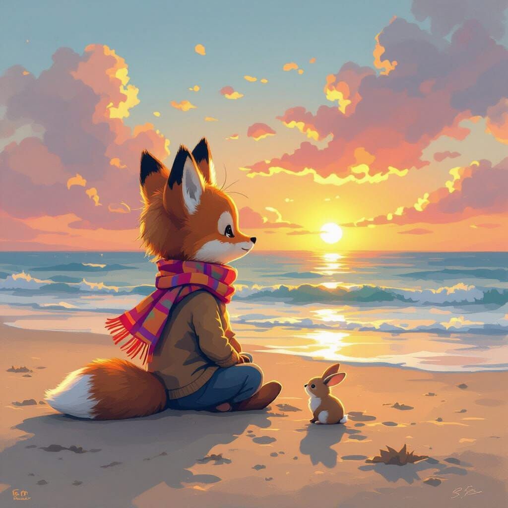 Child Animal on Beach at Sunset in Whimsical Style