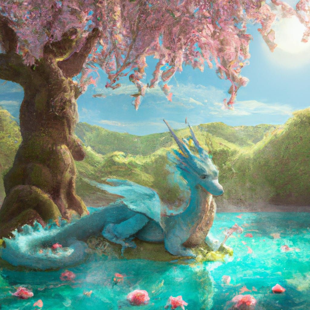 Jade Dragon Basking in Cherry Blossom Pond