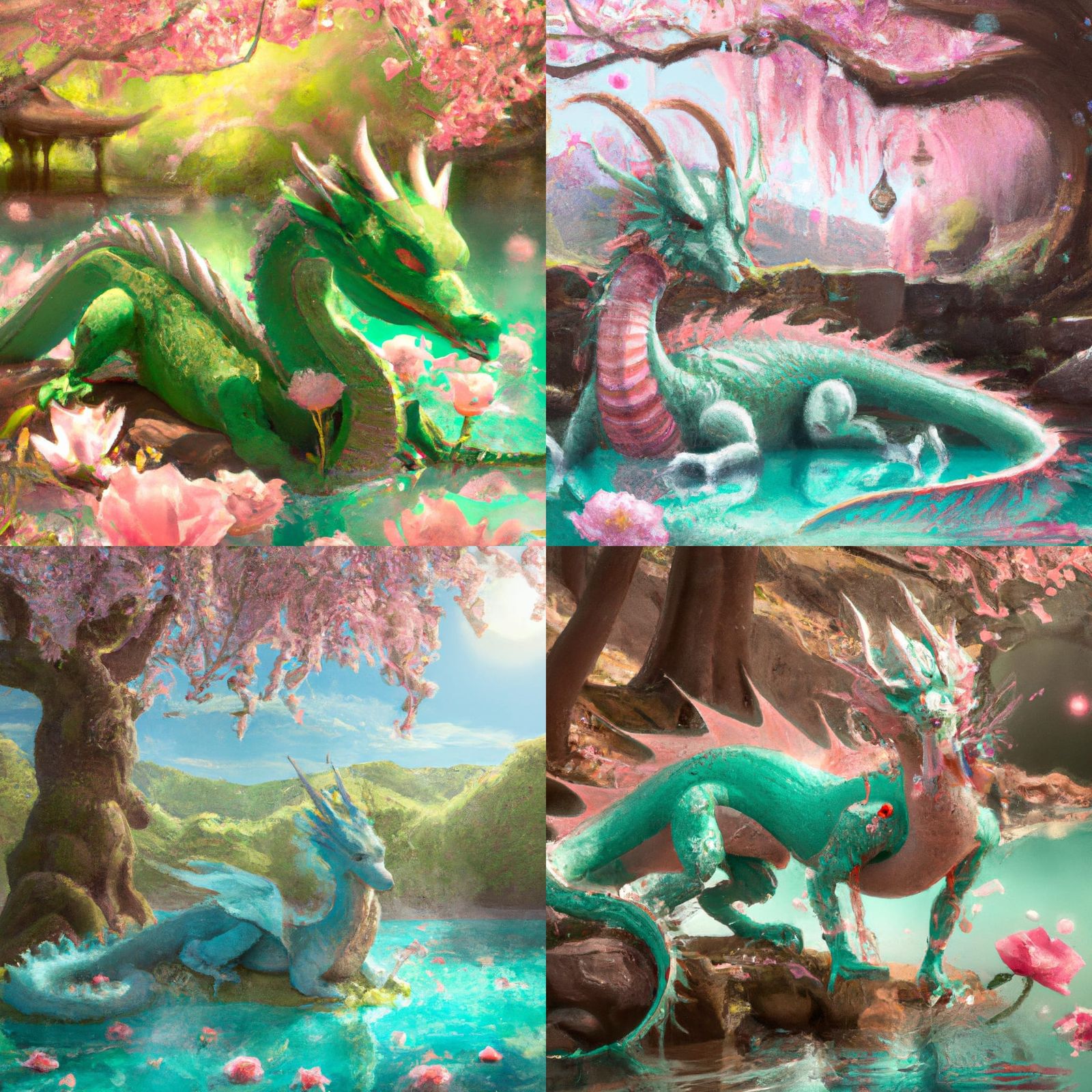Jade Dragon in Japanese Pond with Cherry Blossoms