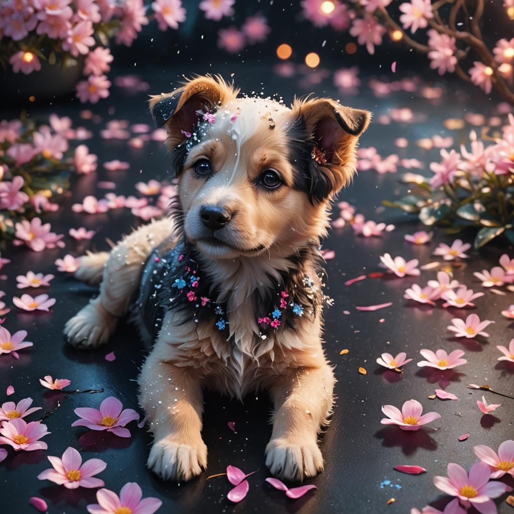 Puppy in Falling Petals: Whimsical Fantasy Art