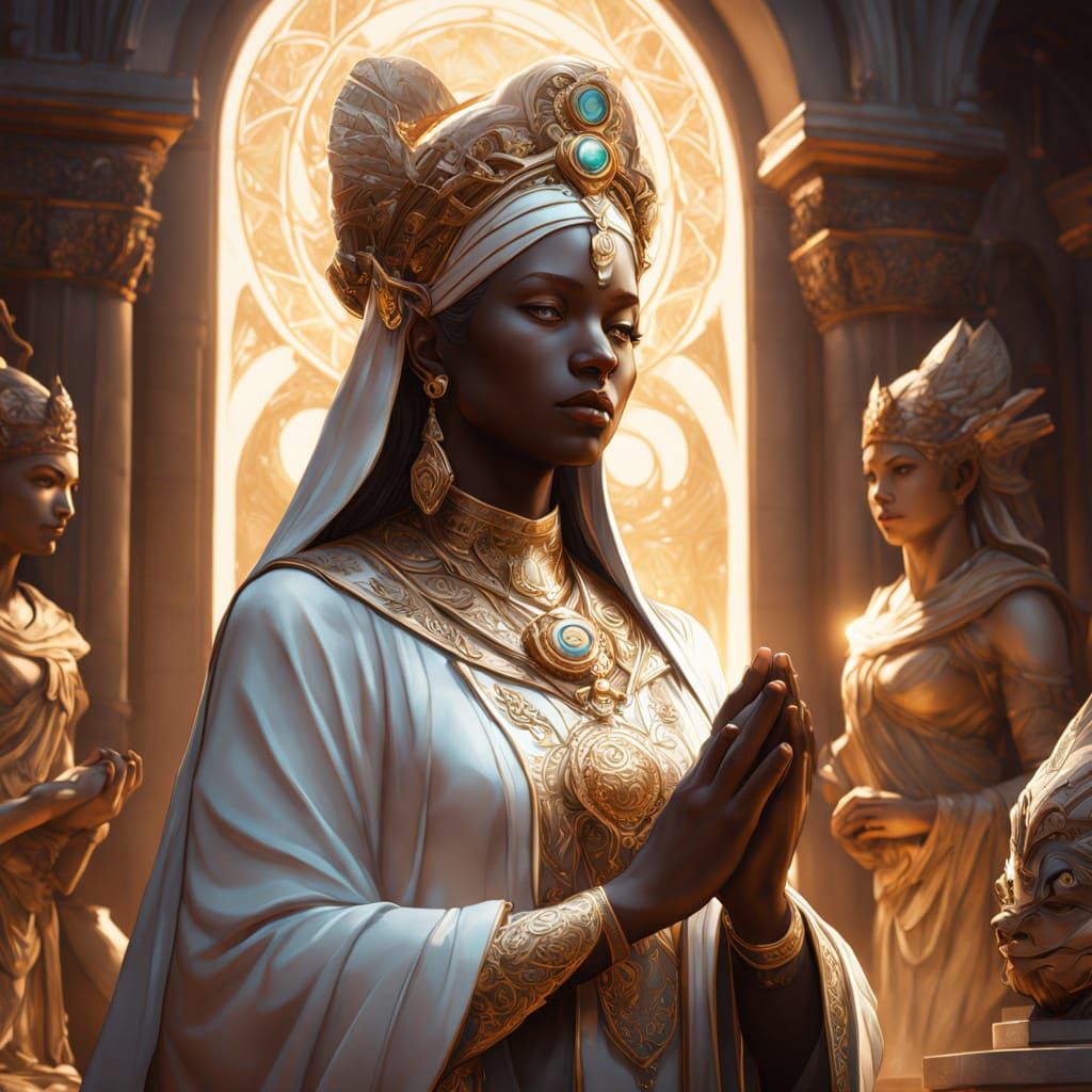 Serene Priestess Before Golden Goddess