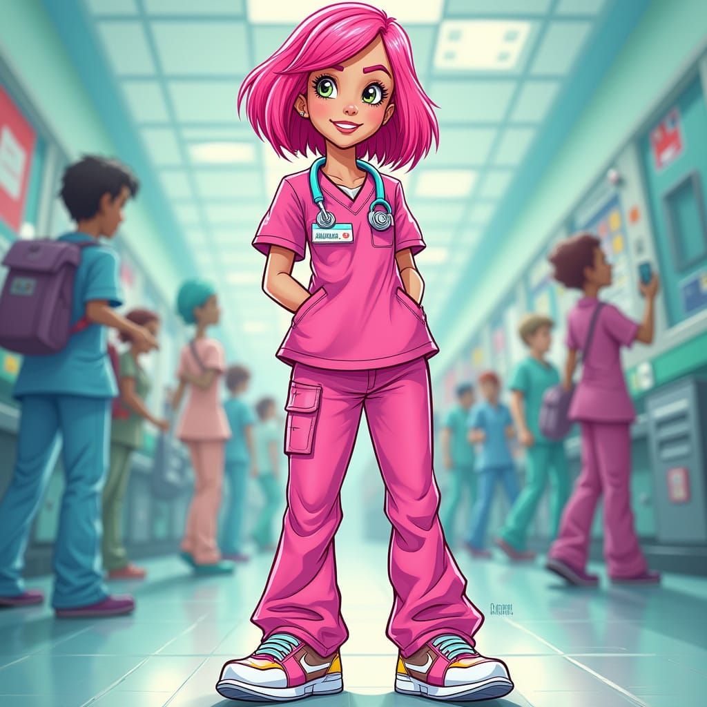 Vibrant Nursing Assistant in Whimsical Hospital Scene