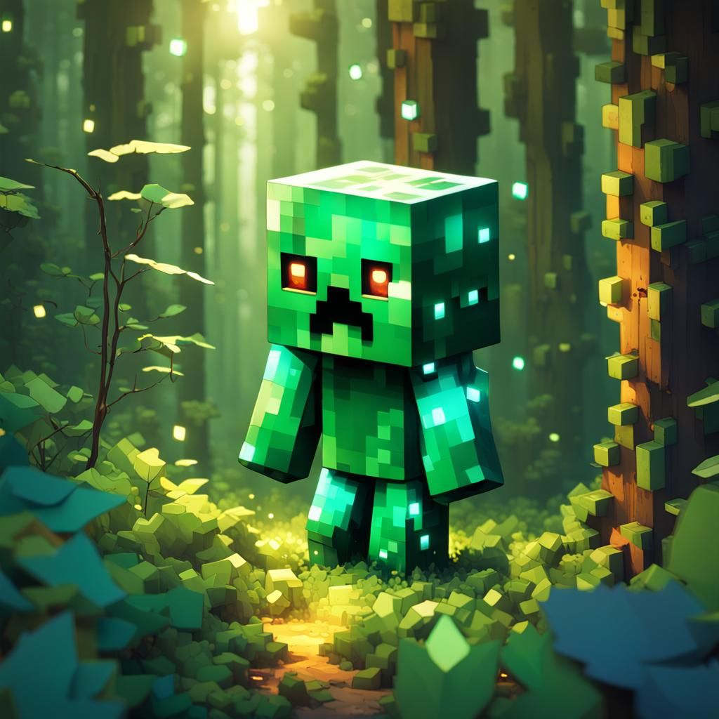 adorable baby creeper in a forest, minecraft, glowing reflecting eyes,