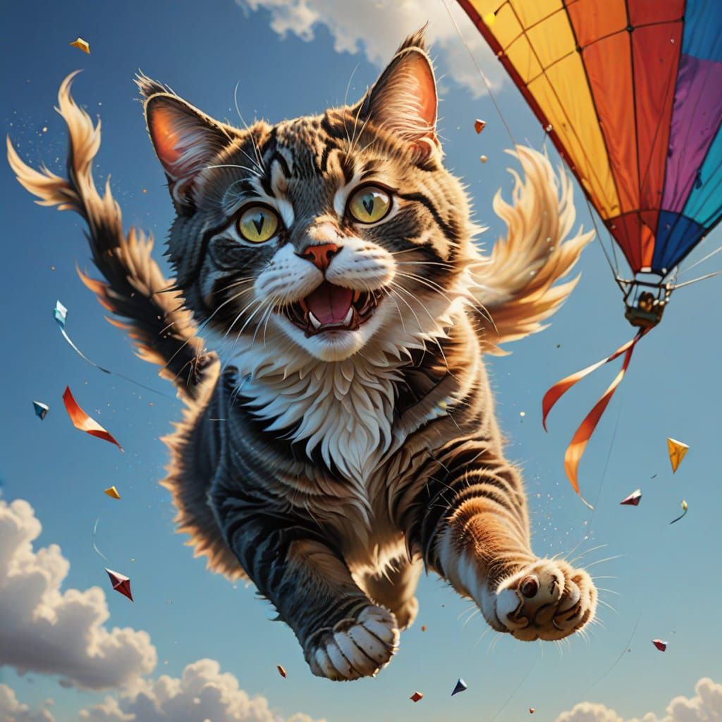 Hyperrealistic Cat in Flight: Colorful Concept Art