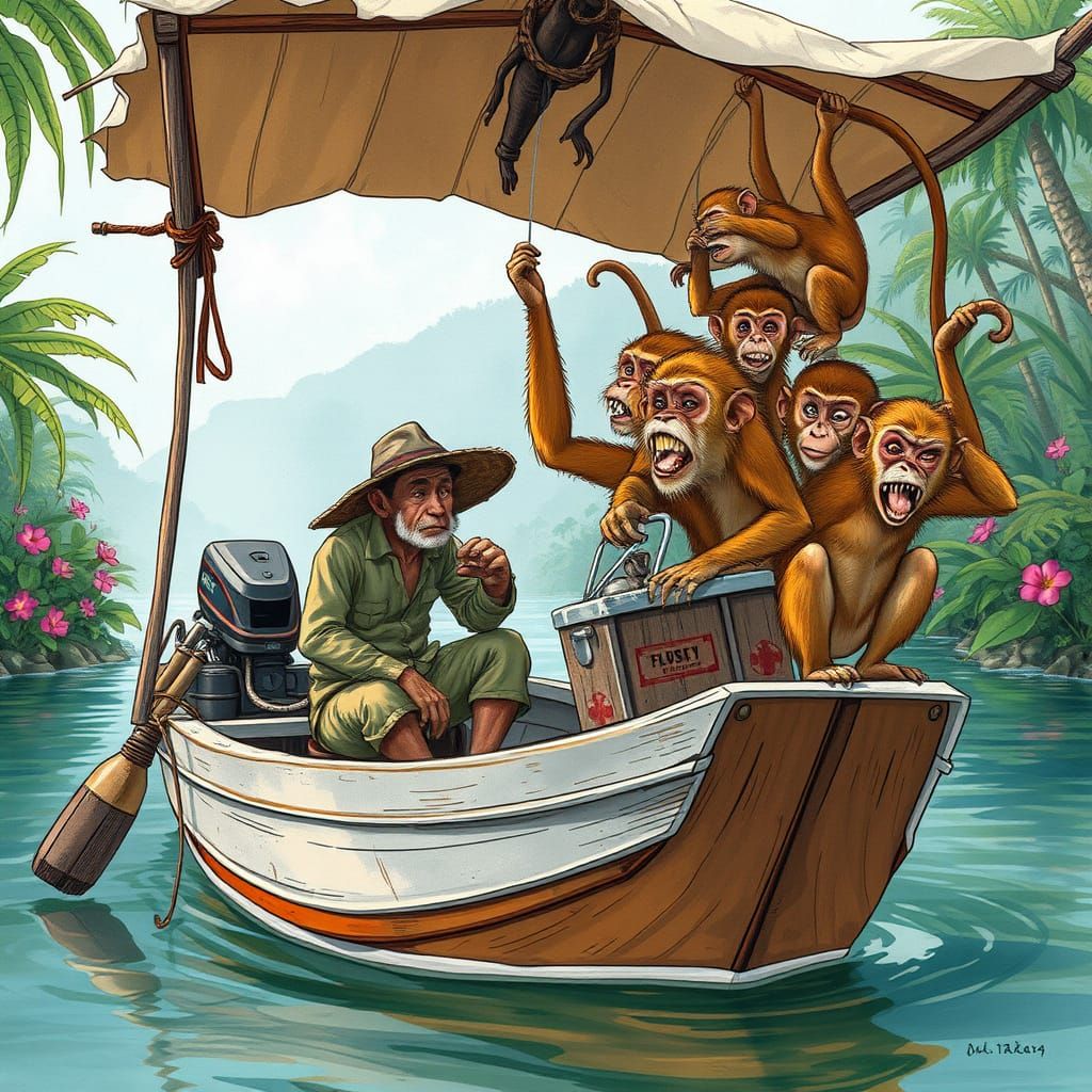 Distressed Fisherman Meets Mischievous Monkeys in Tropical P...