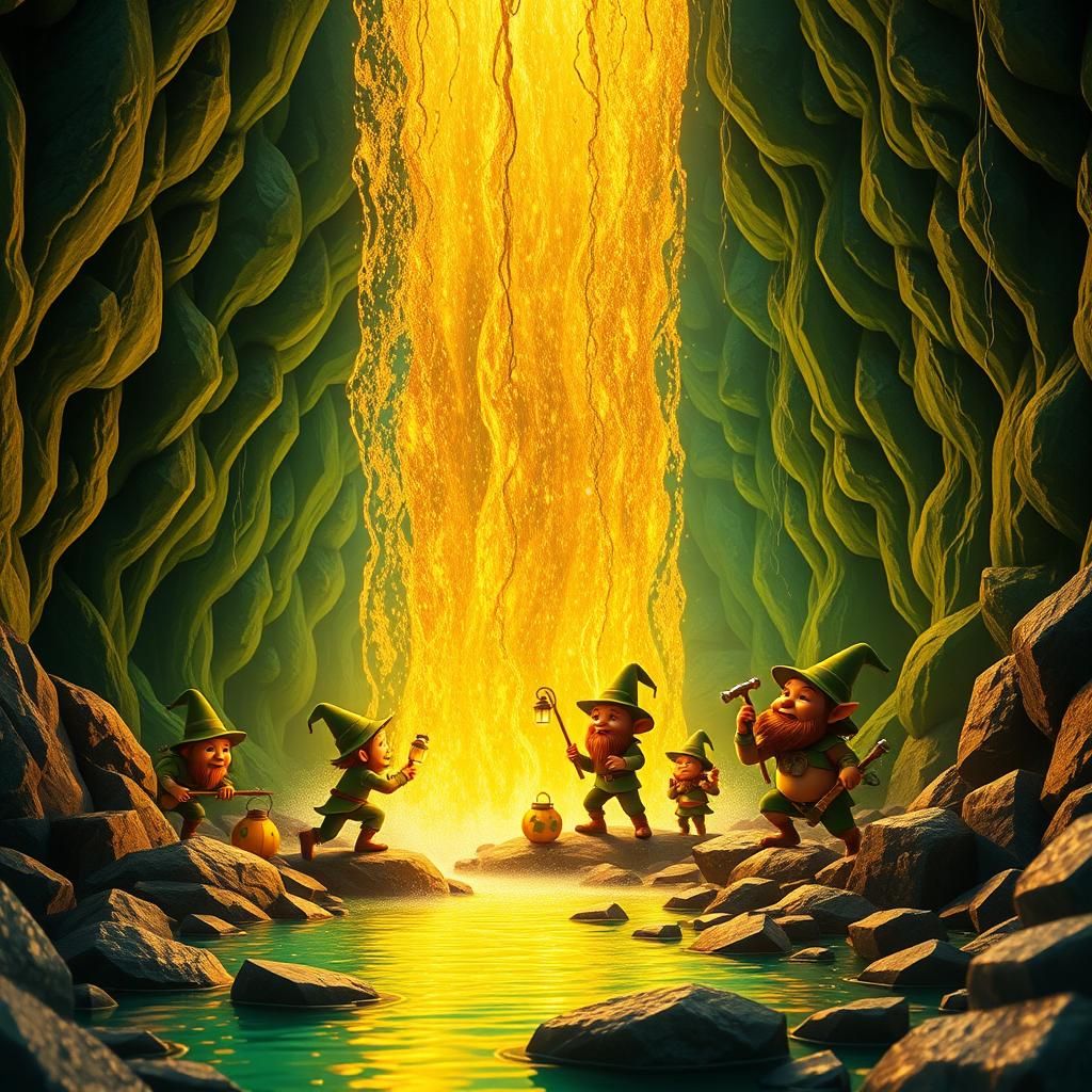 Hidden cavern behind a rainbow waterfall of gold mining lepr...