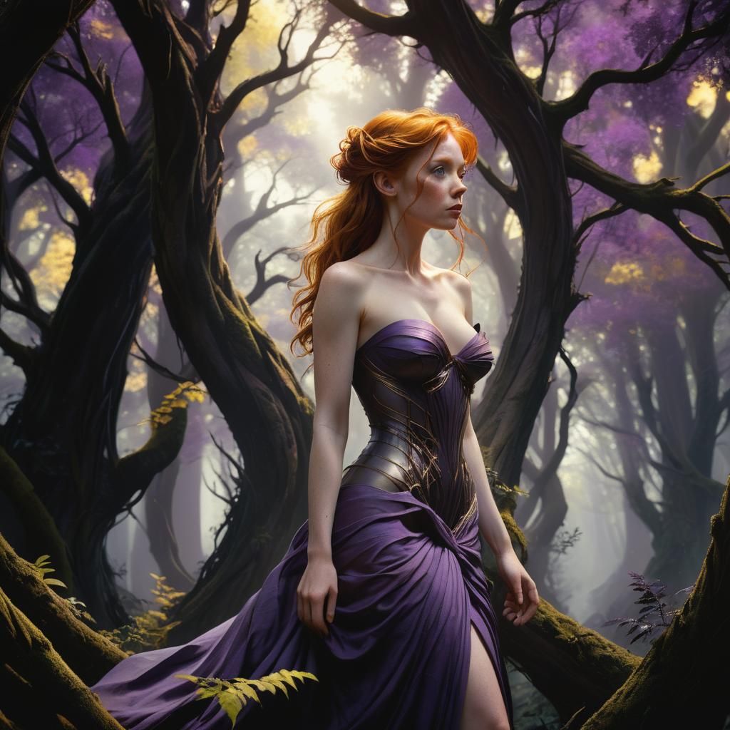 Ethereal Forest: Ginger Woman in Dark Fantasy Art